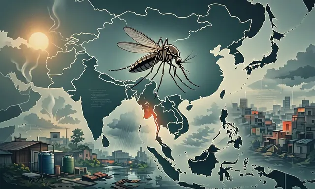 Editorial illustration of dengue risk, mosquitoes, climate conditions and urban water containers in South Asia
