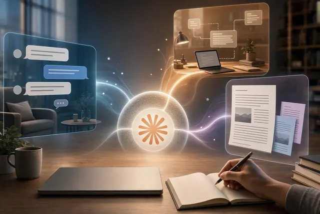 Editorial illustration representing Anthropic’s unified Claude workspace for chat, documents, presentations, and design