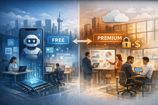 Editorial illustration of Alibaba’s Qwen AI assistant coordinating office tasks across a phone and computer