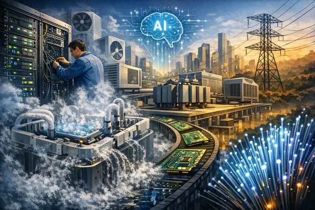 Illustration of AI data-center infrastructure with servers, cooling systems and optical connections