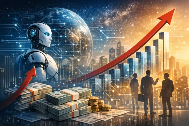 Abstract data visualization showing a rising global debt wave driven by AI infrastructure spending