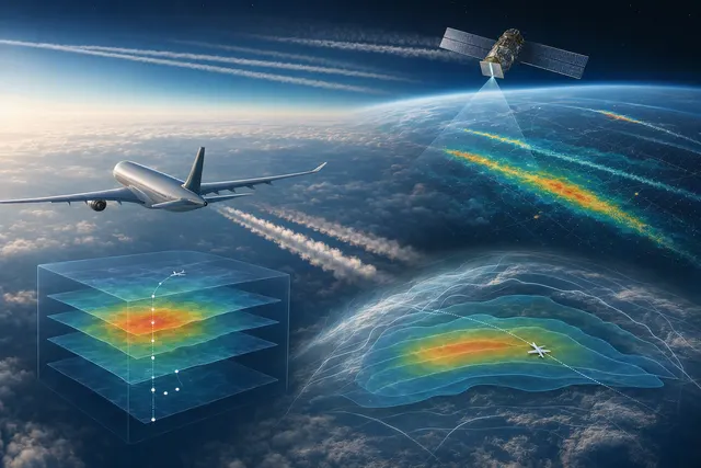 Commercial aircraft flying above clouds with a visible contrail, illustrating AI-guided contrail avoidance