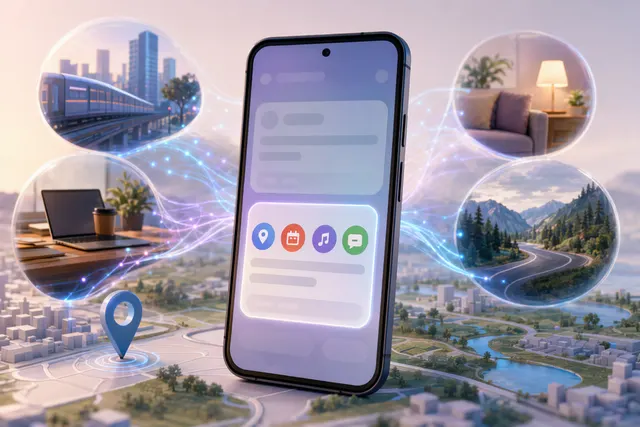 Illustration of Android smartphone using AI to suggest apps and actions based on user context