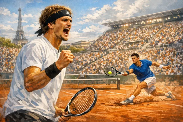 Editorial illustration of Alexander Zverev and Flavio Cobolli facing off on Court Philippe-Chatrier at the 2026 French Open final