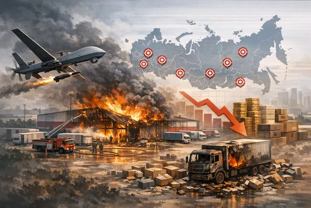 An AI-generated image depicting a large warehouse complex on fire with drones flying overhead at dusk, with smoke billowing into the sky.