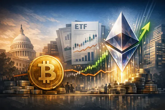 Stylized Ethereum coin rising above a market chart with ETF flow indicators