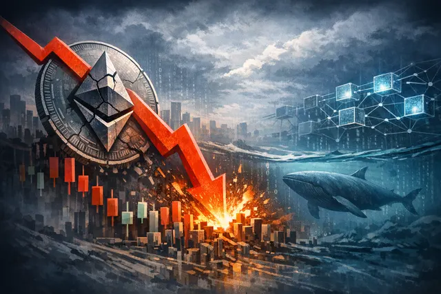 An abstract digital visualization of Ethereum's price crash on June 6, 2026, with a descending red candlestick chart, on-chain data streams, and whale icons moving toward exchange