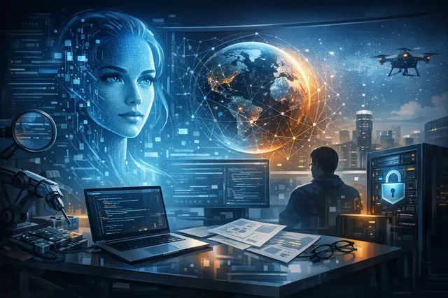 Abstract editorial illustration representing OpenAI Astra and AI cybersecurity risk