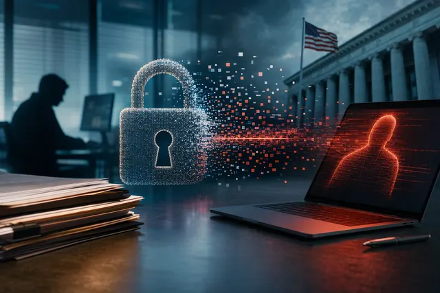 Editorial illustration of a law-firm cybersecurity incident involving protected digital files