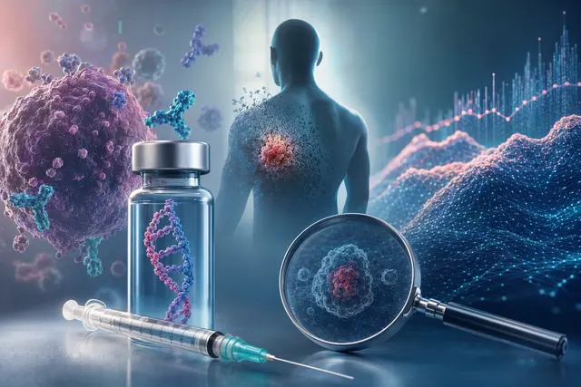 Editorial illustration representing the early disclosure of melanoma vaccine trial results and the market reaction