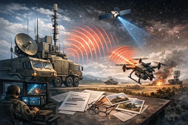 An AI-generated illustration depicting electronic warfare—a radar dish and satellite signals intersecting over a battlefield, representing Russia's Volna Kupol Garant Starlink jamm