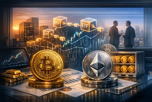 Editorial illustration of Bitcoin and Ether flowing into BlackRock spot ETFs during a cryptocurrency buying surge