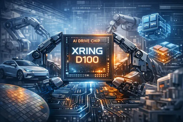 Conceptual illustration of Xiaomi’s Xring D100 smart-driving AI chip and connected electric-vehicle systems