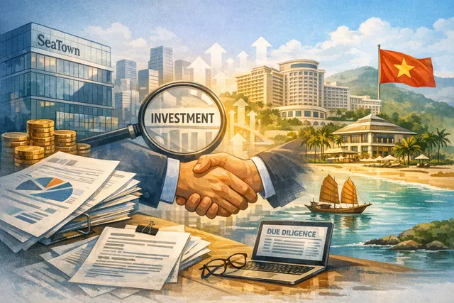 A conceptual image of a luxury resort representing Vinpearl's hospitality portfolio, with financial charts and Singapore and Oman flags in the background to symbolize the internati