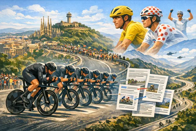 Composite visual showing the 2026 Tour de France route map, riders silhouettes, and the Barcelona skyline with Montjuïc stadium.