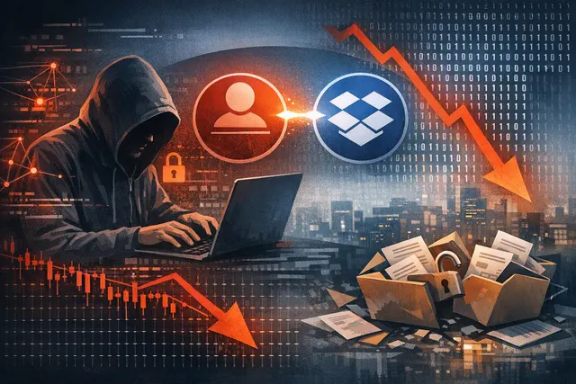 Editorial illustration of a Dropbox cloud account connected to a compromised Lenovo ID single-sign-on link