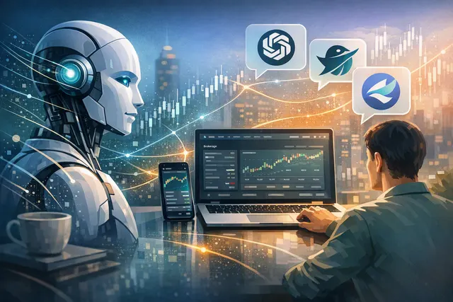 Illustration of an AI assistant connected to a brokerage account for Scalable Capital’s Agentic Investing feature