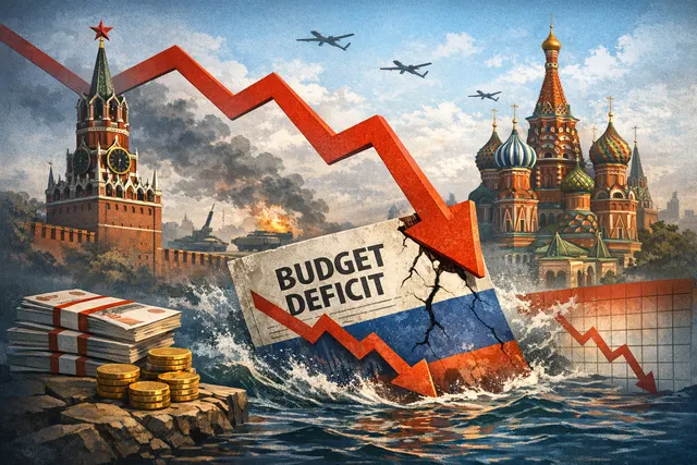A chart showing Russia's federal budget deficit escalating sharply in 2026 compared to the previous year and the annual target.