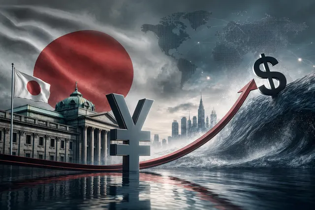Illustration of the Japanese yen falling against the U.S. dollar with financial market charts