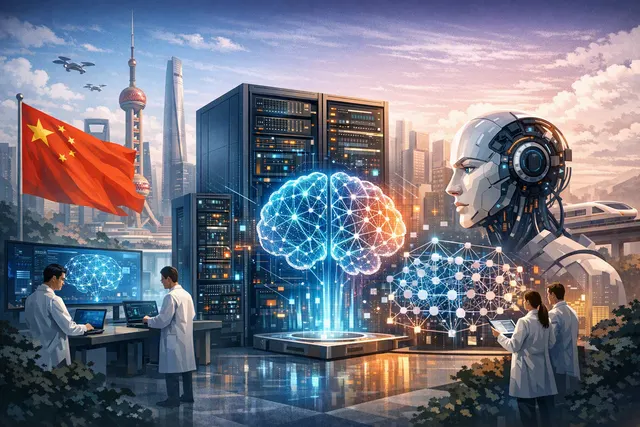 Abstract editorial illustration of Chinese open-weight AI models spreading through a global developer network
