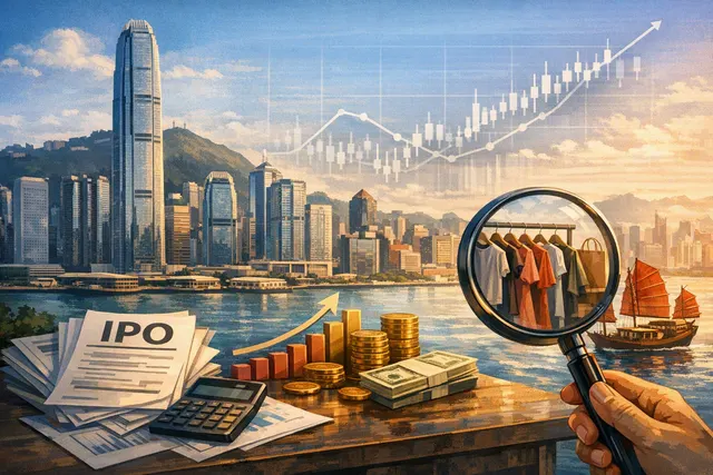 Editorial illustration representing Shein’s Hong Kong IPO and steep valuation decline