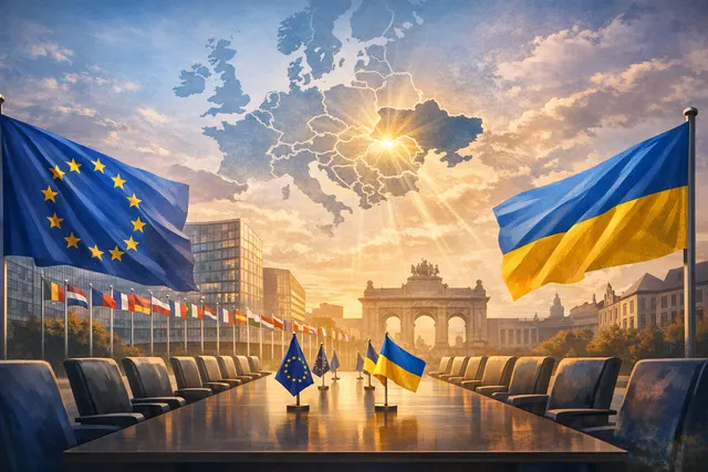 European Union and Ukrainian flags side-by-side, illustrating the advancing EU accession process for Ukraine.