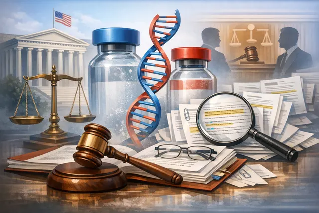 A conceptual illustration representing the complex web of patent litigation surrounding mRNA vaccine technology, featuring legal documents and scales of justice intertwined with mo