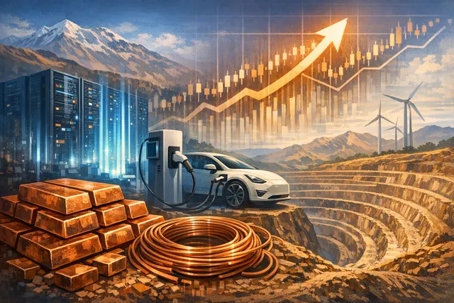 A dynamic 3D visualization of copper market forces with glowing red copper wires and digital data center elements set against a dark trading floor backdrop, representing the collis