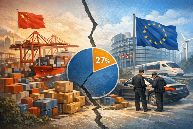 Illustration of EU-China trade tensions involving tariffs, Chinese electric vehicles and carbon border measures