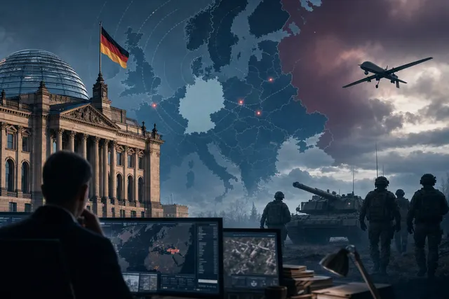 AI-generated editorial illustration representing tensions between Germany and Russia