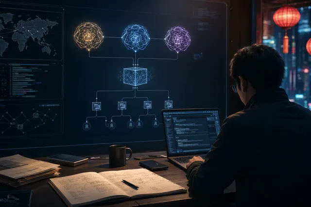 Editorial illustration representing AI-assisted cyber threat operations and connected systems