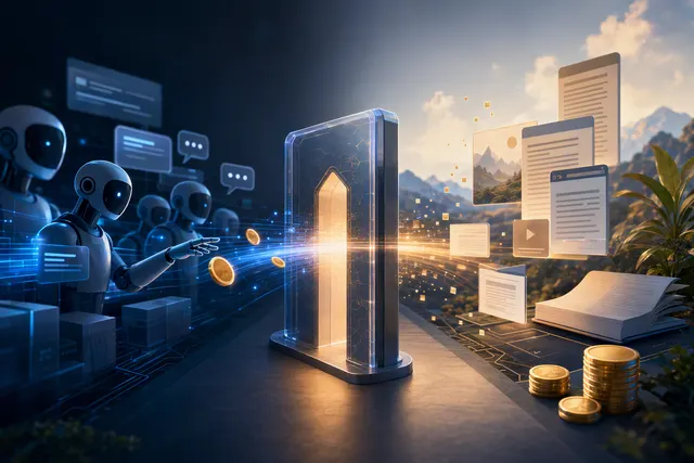 Illustration representing AI agents paying for online access and publishers receiving payment for reported content use