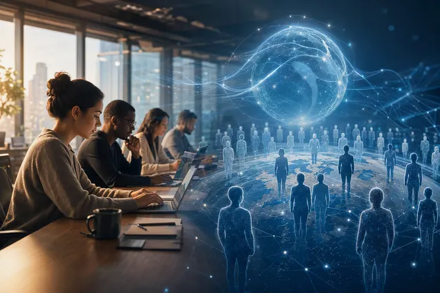 AI-generated illustration representing Uber employees using an AI assistant for workplace tasks