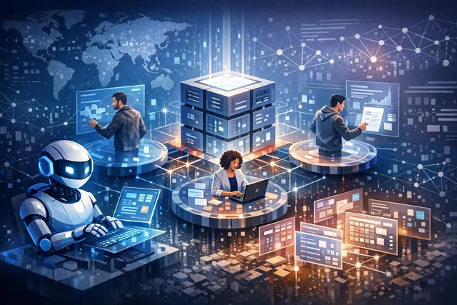 Conceptual illustration of TinyFish's BigSet multi-agent system transforming natural language into structured datasets, showing digital nodes and data streams representing AI resea
