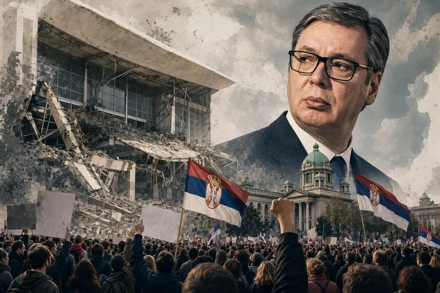 Illustration of large student protests in Belgrade demanding anti‑corruption reforms and early elections