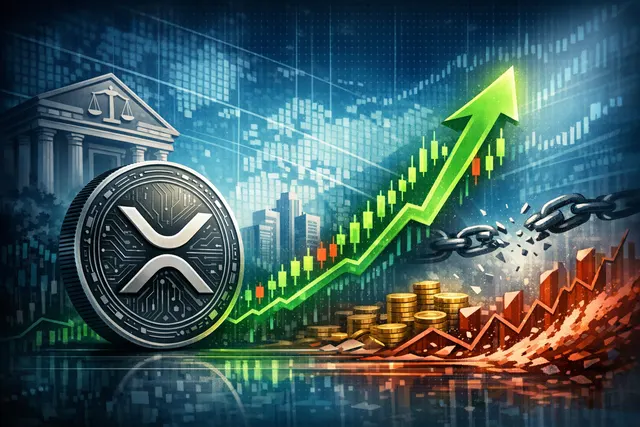 Digital artwork of a coiling spring with XRP logo and upward price arrow, symbolizing a potential short squeeze.