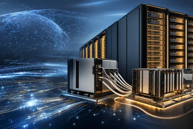 Editorial illustration of Huawei Atlas 960E SuperPoD AI infrastructure and optical interconnects