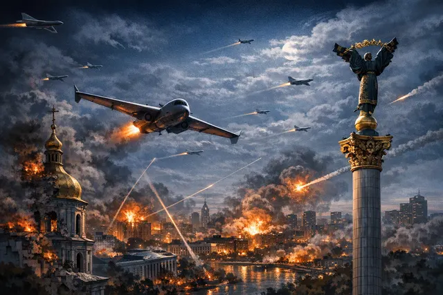 Editorial illustration of jet-powered Shahed drones approaching Kyiv during a nighttime air barrage