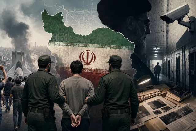 Editorial illustration representing Iran’s mass arrests and internal security crackdown during wartime