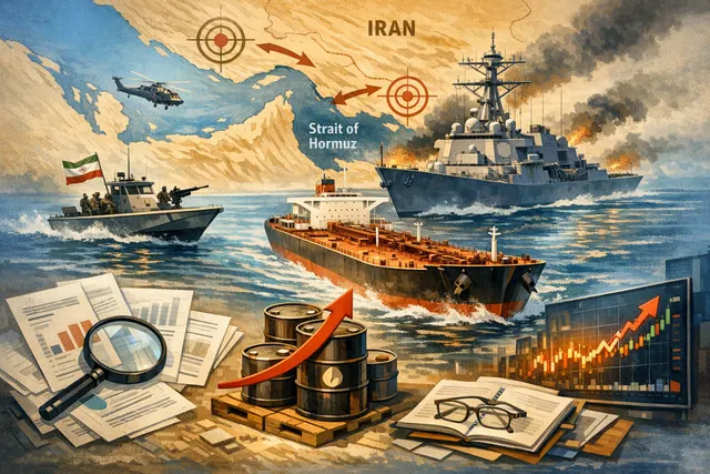 Visualization of oil price surge and global market effects from the July 2026 Strait of Hormuz crisis
