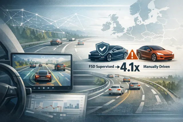 Illustration of a Tesla using supervised driving technology on a European road with safety data overlays