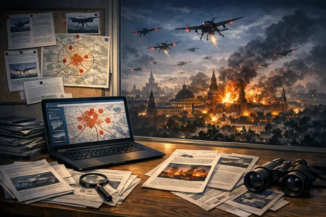 AI-generated visualization of a large-scale drone attack over a city skyline at night, representing Ukraine's 370-drone barrage on the Moscow region on July 18, 2026.