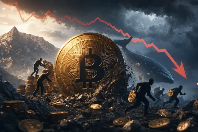 Editorial illustration representing Bitcoin price volatility and selling pressure