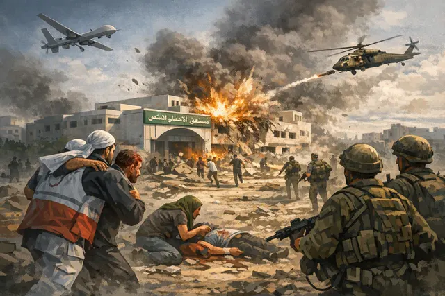 Editorial illustration of damage near a hospital medical-supply facility in Gaza