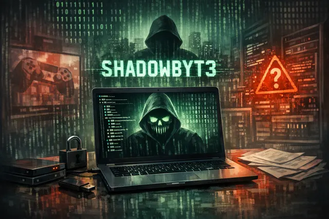 Cybersecurity concept showing a Nintendo logo partially obscured by digital warning symbols and code fragments representing the unverified SHADOWBYT3$ data extortion claim