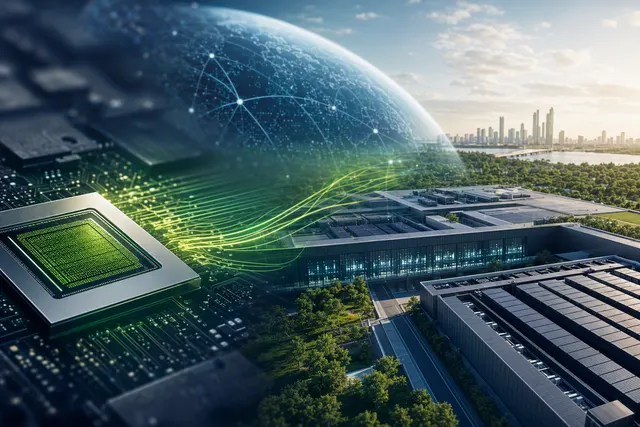 Editorial illustration representing AI data-center infrastructure, power systems and investment capital