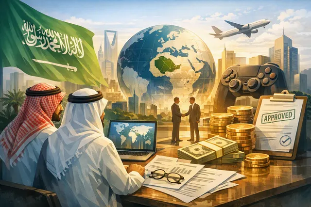 Abstract digital artwork of the Electronic Arts logo merging with the Saudi Arabian flag, symbolizing the $55 billion takeover by the Public Investment Fund.