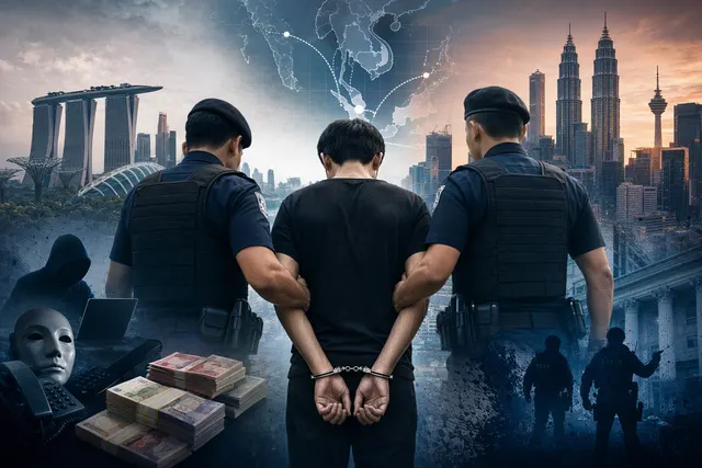 AI-generated editorial illustration accompanying coverage of an alleged Singapore scam syndicate