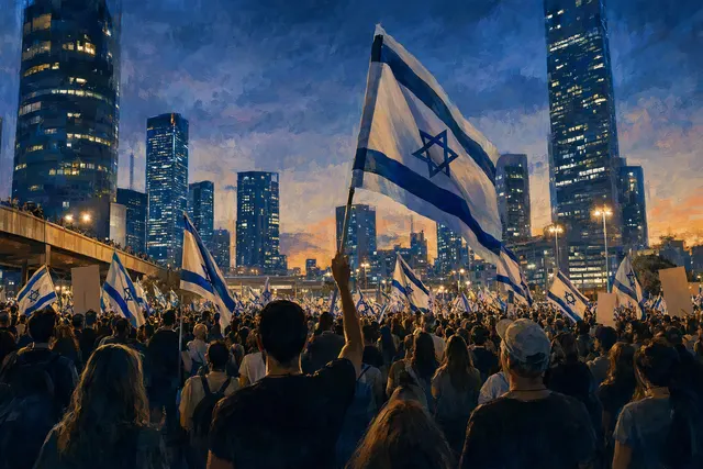 AI-generated editorial illustration representing a demonstration in Tel Aviv ahead of Israel’s election