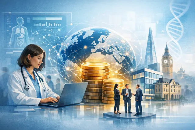Abstract visualization of an AI-powered orchestration layer connecting modern healthcare systems